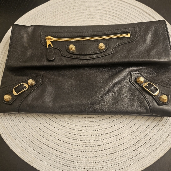 Balenciaga Handbags - Balenciaga Classic Envelope Clutch Black Arena Leather Gold Hardware